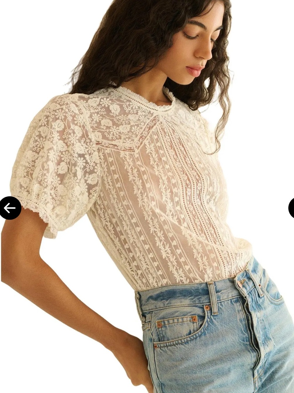Doen Ivory Idora Lace Puff-Sleeve Blouse xs